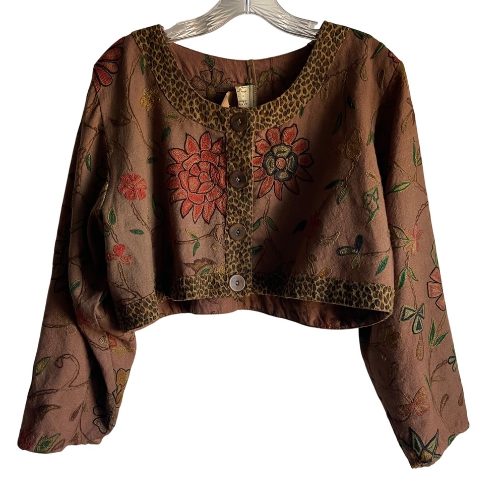 VTG U.R.U. USA Embroidered Floral Jacket One Size Boho Art to Wear Leopard‎ Trim